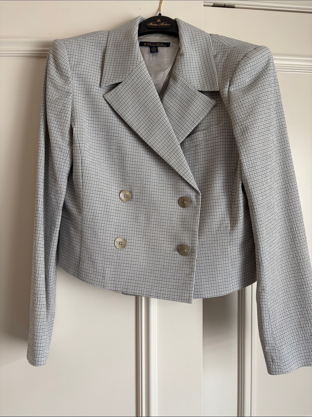 Brooks Brothers Light Gray Checked Double-Breasted Cropped Blazer